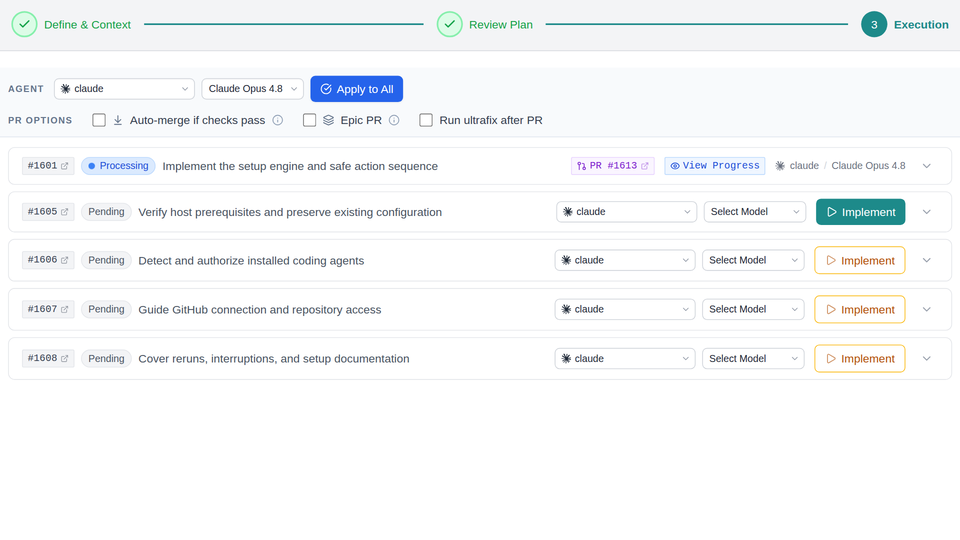 The ProPR execution screen showing a guided setup wizard issue in progress, with repository-linked issues, agent, model, pull-request options, and pending Implement actions visible.