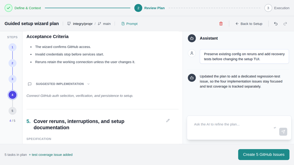The planning assistant applying a refinement request before GitHub issues are created.