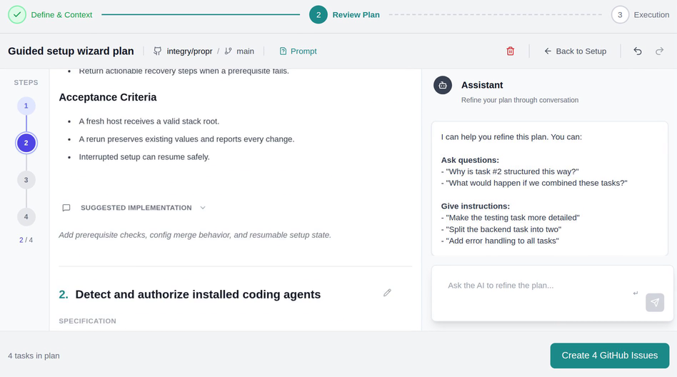 Planner Studio showing a prepared four-task plan with acceptance criteria and conversational refinement