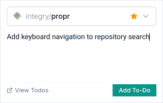 The ProPR Add To-Do popover with a repository selector, todo text field, View Todos link, and Add To-Do action.