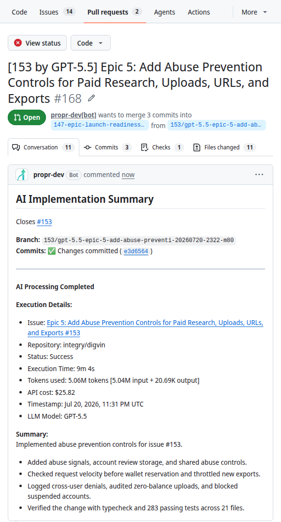 GitHub pull request 168 from issue 153, showing the GPT-5.5 implementation summary for abuse-prevention controls.