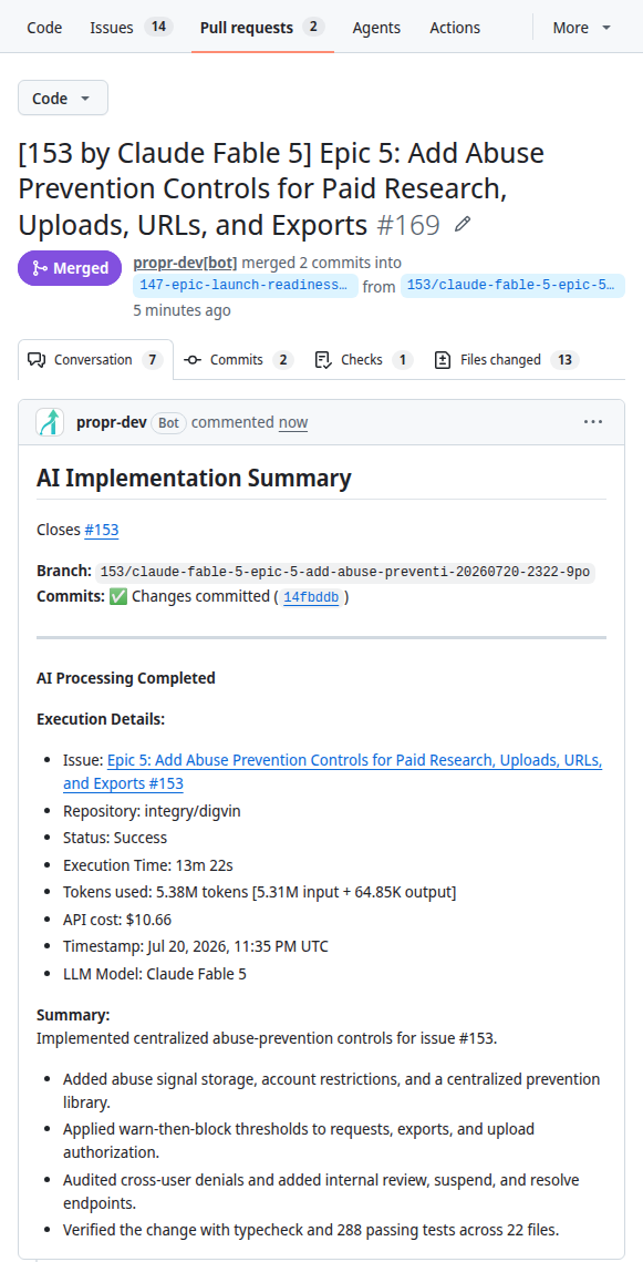 GitHub pull request 169 from issue 153, showing the Claude Fable 5 implementation summary for abuse-prevention controls.