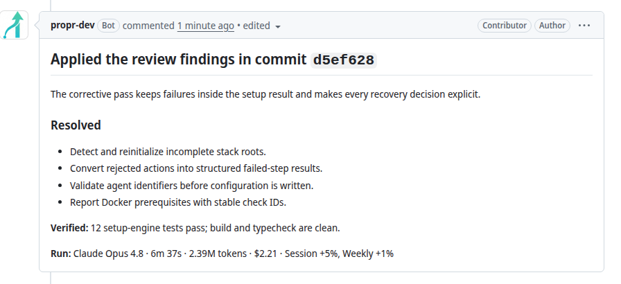 The ProPR Ultrafix fix pass reporting its follow-up commit, resolved review findings, and passing verification.
