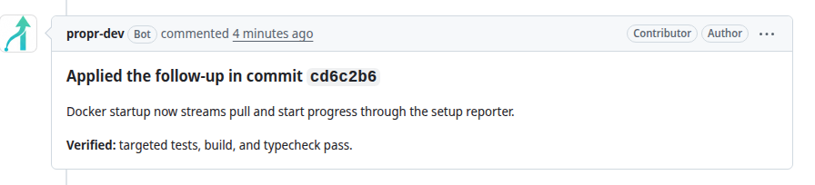 ProPR replying with the follow-up commit and passing verification.