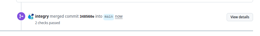 The GitHub pull request timeline confirming that the maintainer merged the verified branch into main.