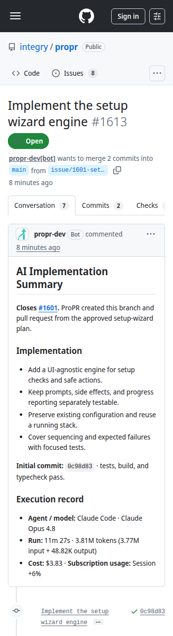 Public integry/propr pull request 1613 on mobile with its implementation summary and execution record.