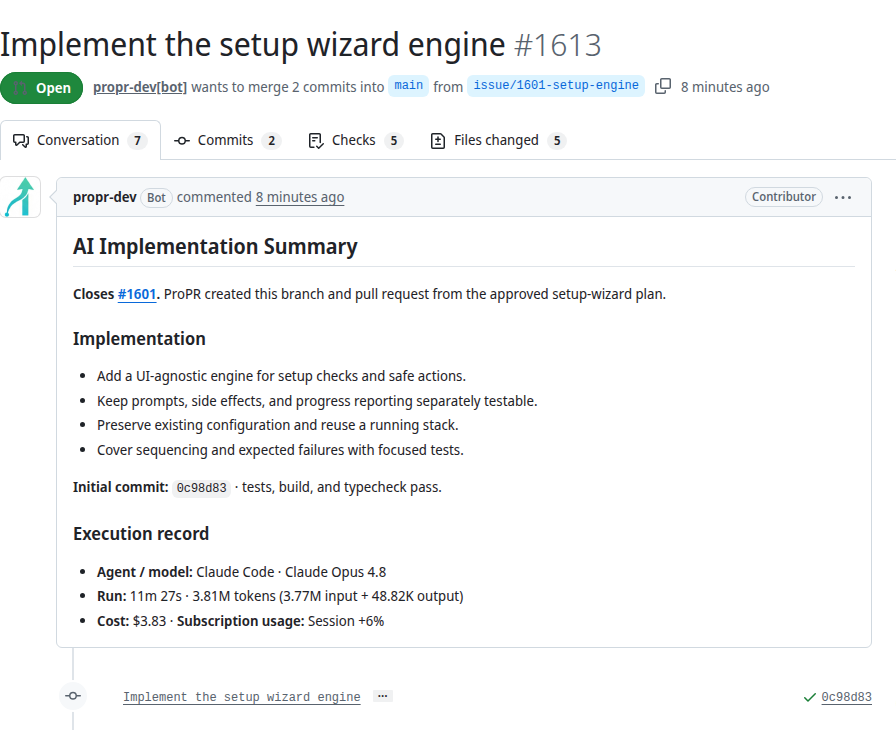 The public integry/propr pull request 1613 showing its implementation summary, execution record, model, duration, usage, and verification.
