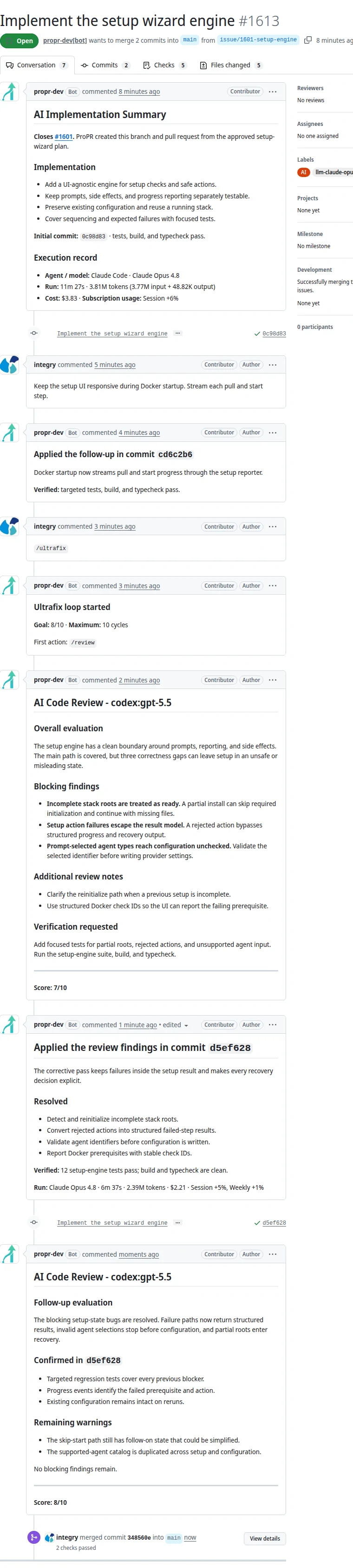 A purpose-edited capture rendered from public GitHub pull request 1613, showing its execution record, a human follow-up, ProPR's response, a manually started Ultrafix loop, detailed 7 out of 10 review, corrective commit d5ef628, detailed 8 out of 10 review, and the human merge into main.