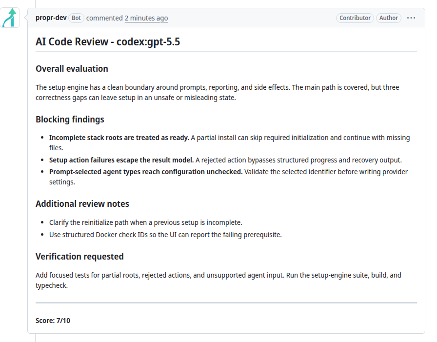 A real ProPR review on pull request 1613 with severity-grouped findings and a score of seven out of ten