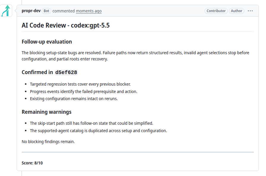 The next detailed ProPR AI review on public pull request 1613 with passing verification and score 8 out of 10.