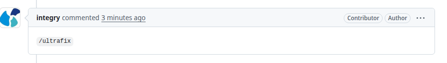 A human entering the Ultrafix command on public ProPR pull request 1613.