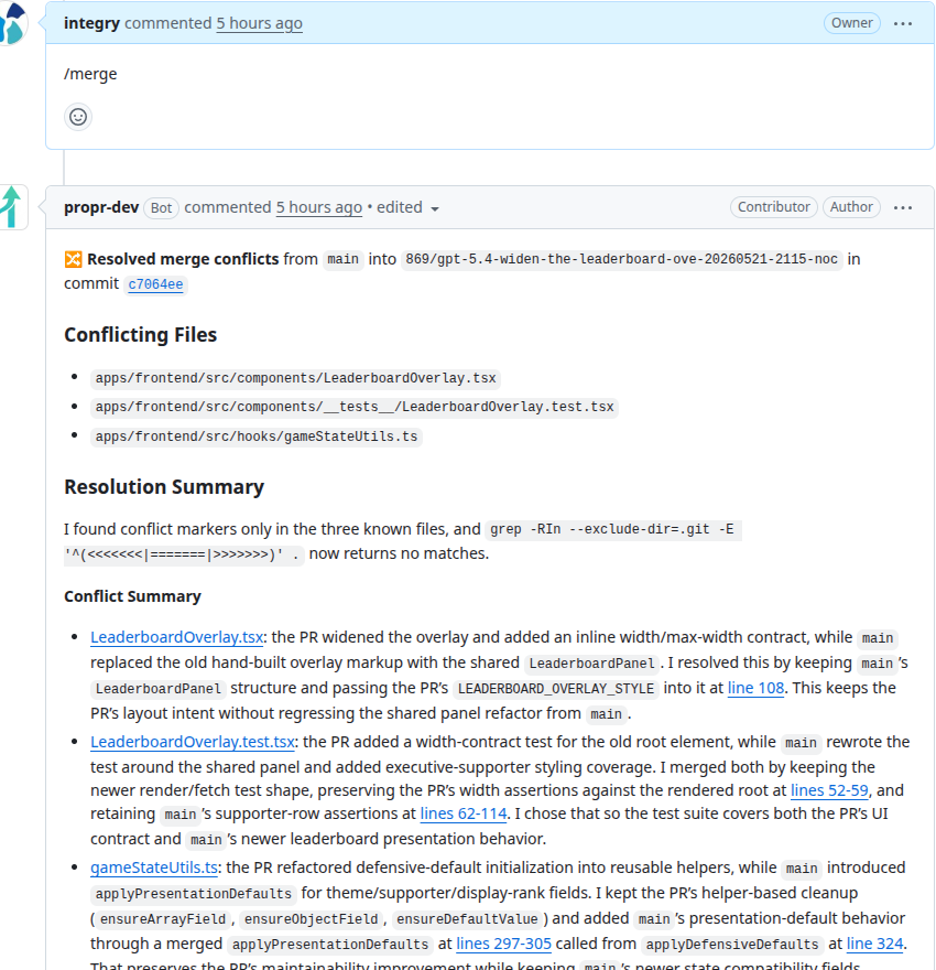 A real ProPR merge-conflict resolution on a GitHub pull request: a /merge comment, then the bot's resolved-conflicts reply listing the conflicting files and resolution summary.