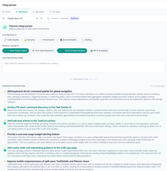 A focused ProPR repository Improve panel showing the workspace tabs, model and scan controls, category selection, and the first generated suggestion.