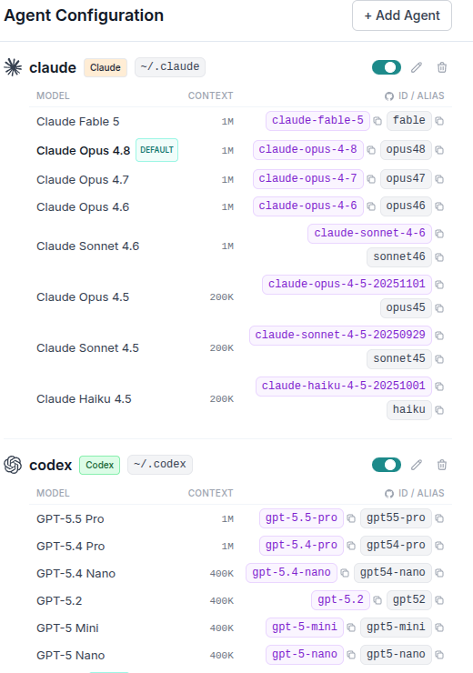 The focused ProPR agent configuration panel showing enabled Claude and Codex models, context limits, IDs, aliases, and defaults.