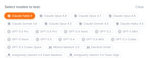 The ProPR playground model picker with supported agents and models selectable for side-by-side runs.
