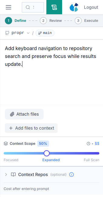 The ProPR New Plan screen on mobile with a repository, task prompt, attachments, context scope, and planning controls.