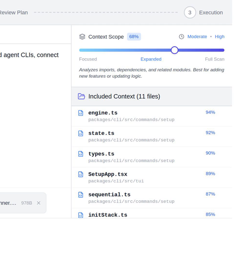 The populated context preview with eleven selected implementation files ranked by relevance before generation.
