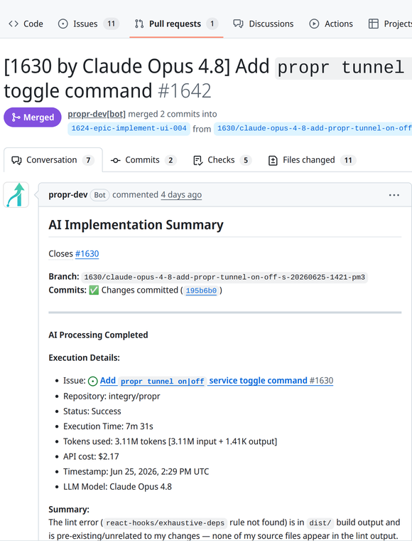 A focused Claude-built pull request showing the ProPR implementation summary, status, branch, commit, model, tokens, and cost.