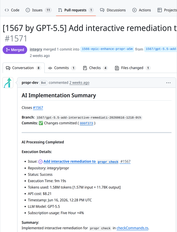 A focused Codex-built pull request showing the ProPR implementation summary, status, branch, commit, model, tokens, and cost.