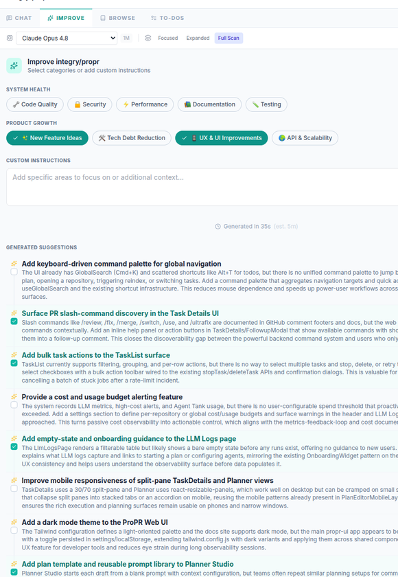 The focused ProPR repository Improve panel showing selected categories, custom instructions, and a list of generated suggestions.
