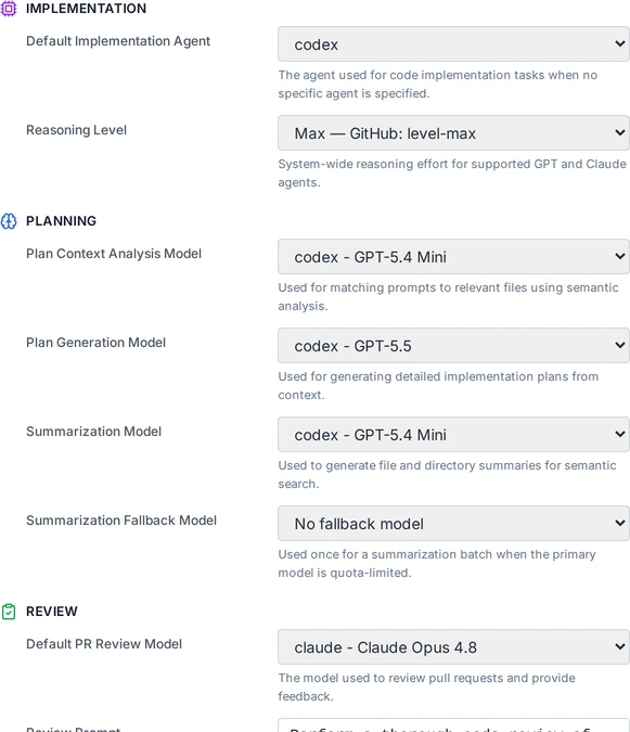 ProPR settings showing a different model configured for each phase: GPT-5.4 Mini for plan context analysis, GPT-5.5 for plan generation, GPT-5.4 Mini for summarization, and Claude Opus 4.8 for pull-request review, with a system-wide reasoning level.