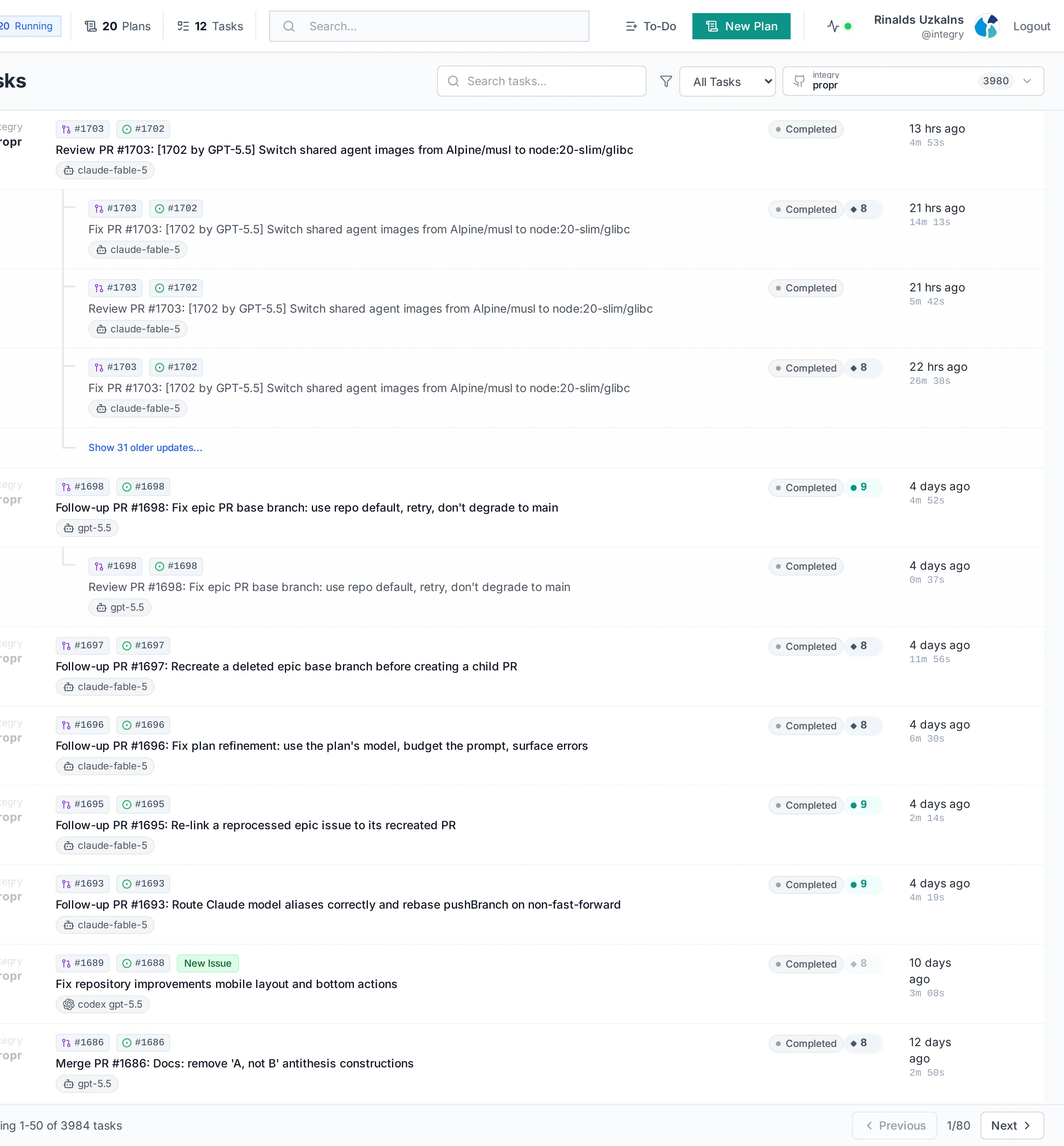 The ProPR task list filtered to the public integry/propr repository, showing statuses, review scores, agents, and grouped runs.