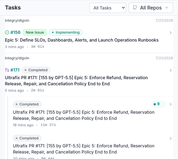 A focused ProPR task list showing pull-request tasks and their grouped review, fix, and branch-update child tasks.