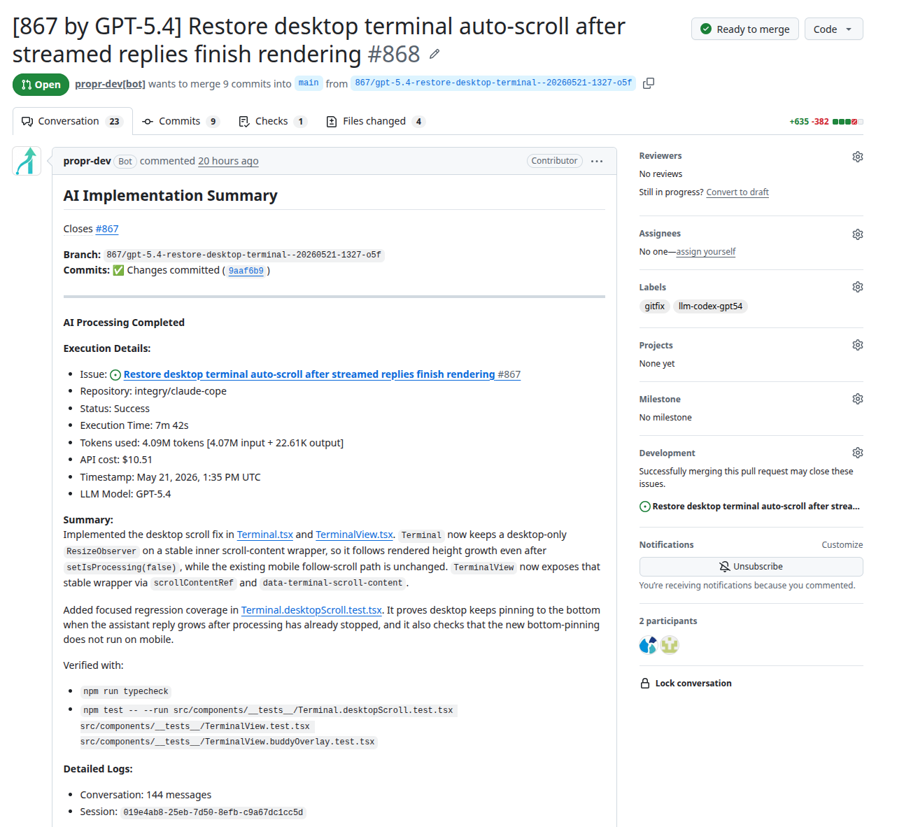ProPR pull request opened in GitHub screenshot
